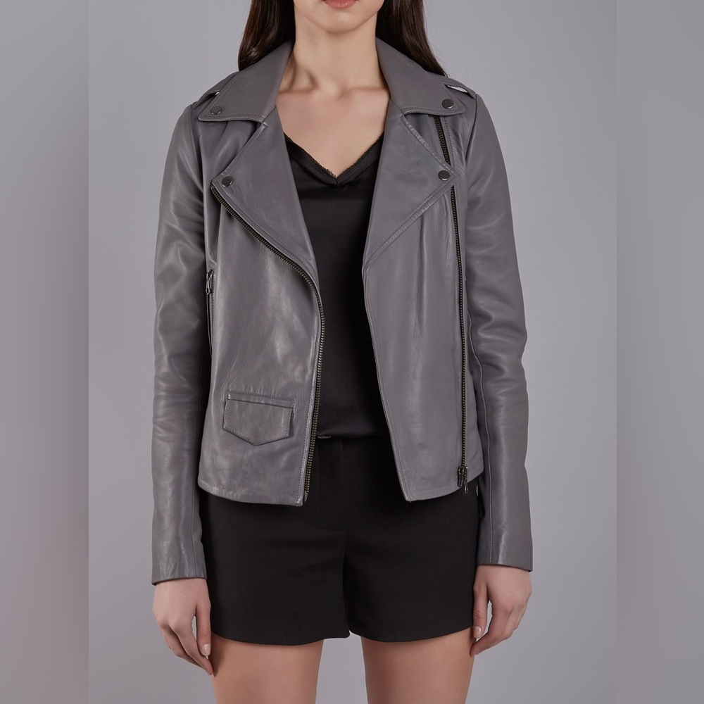 Muubaa London Healey Charcoal Leather Biker Jacket, US Size 4